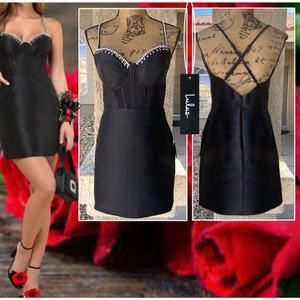 Lulus Ravishing Dream Black Taffeta Rhinestone Mini Dress size L